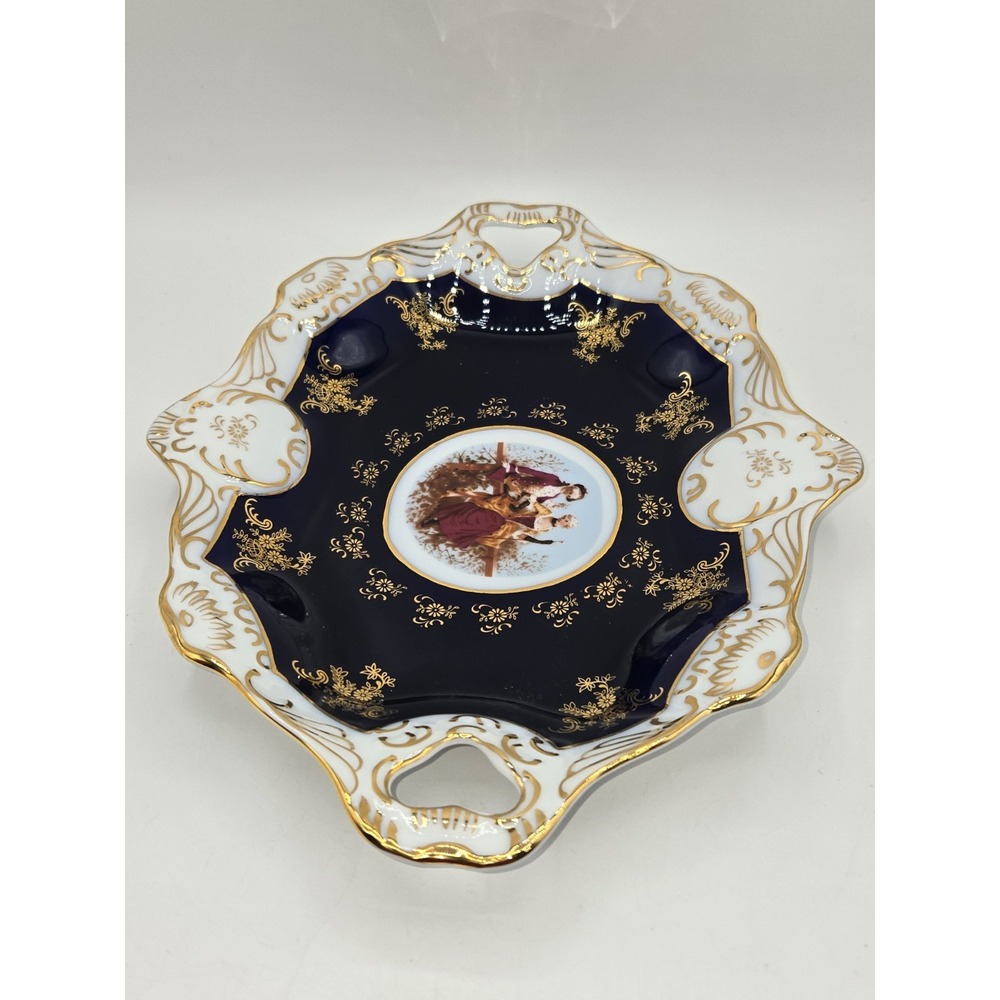 Tiger Yedi Inc Fine Porcelain Fruit Tray Cobalt Blue Gold Courting Couple 12.5" - Picture 4 of 7